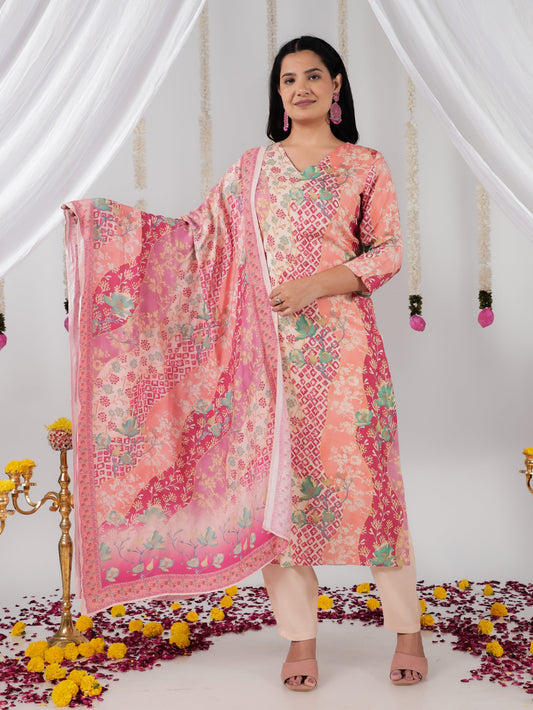 Satin Patchwork A-line Multicolor Kurta