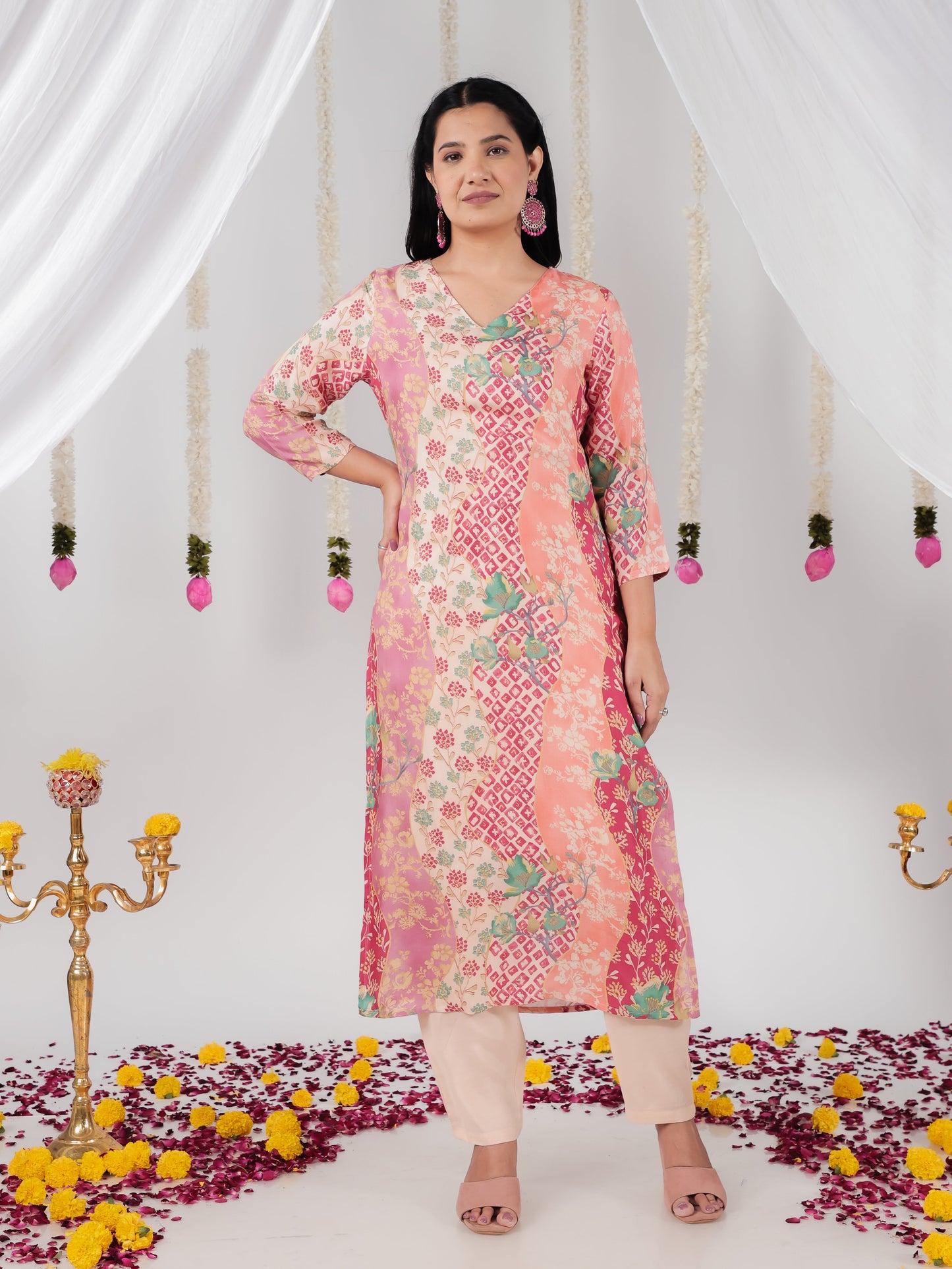 Satin Patchwork A-line Multicolor Kurta