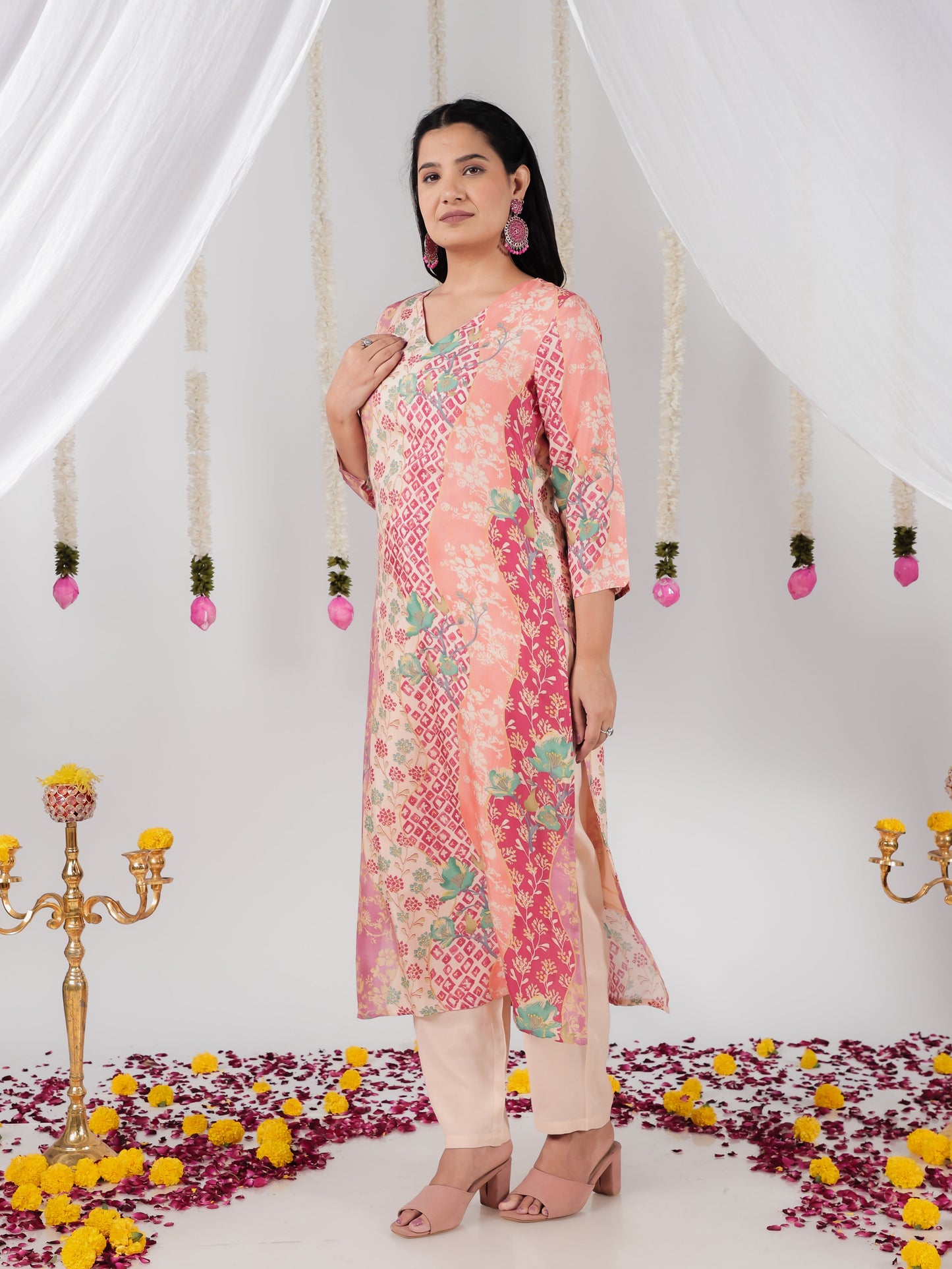 Satin Patchwork A-line Multicolor Kurta