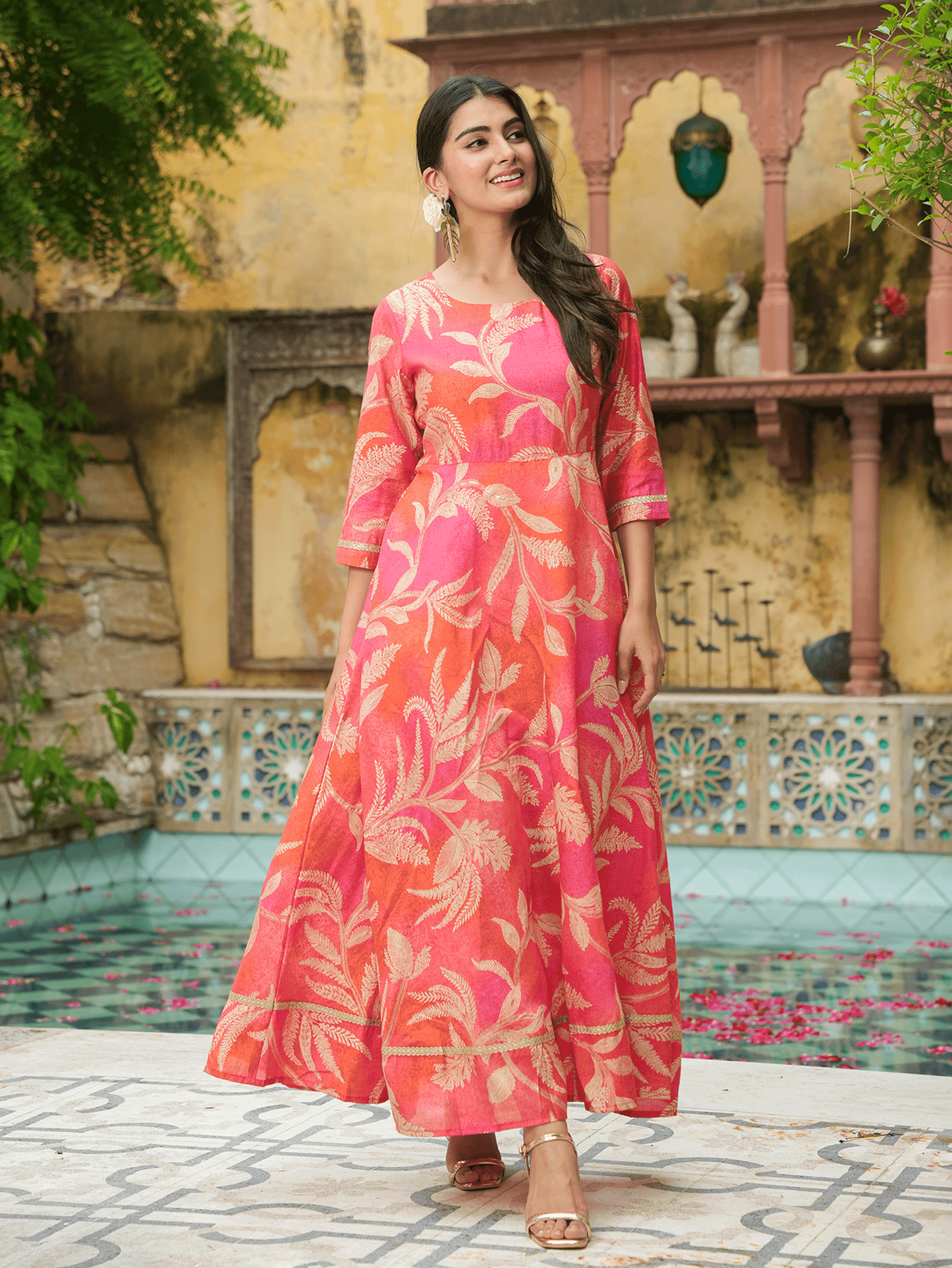 Muslin Floral Anarkali Orange Dress
