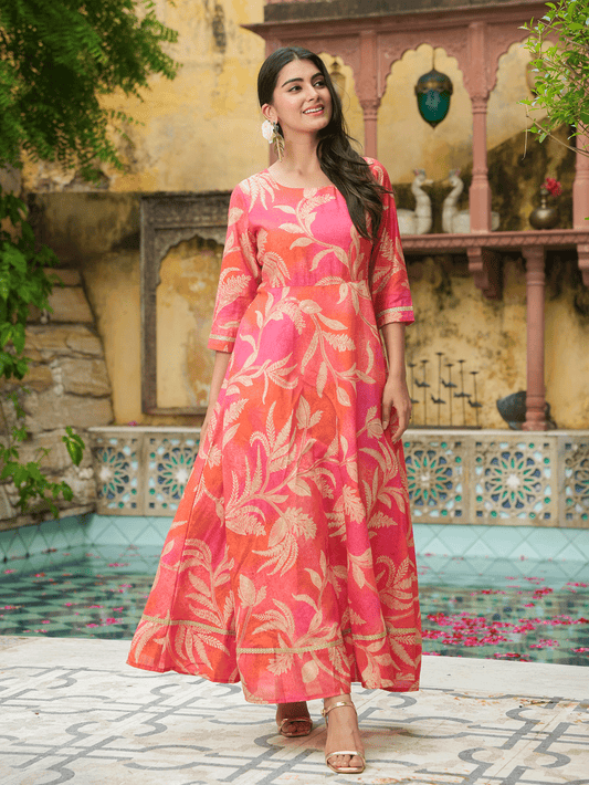 Blended Silk Floral Anarkali Orange Dress