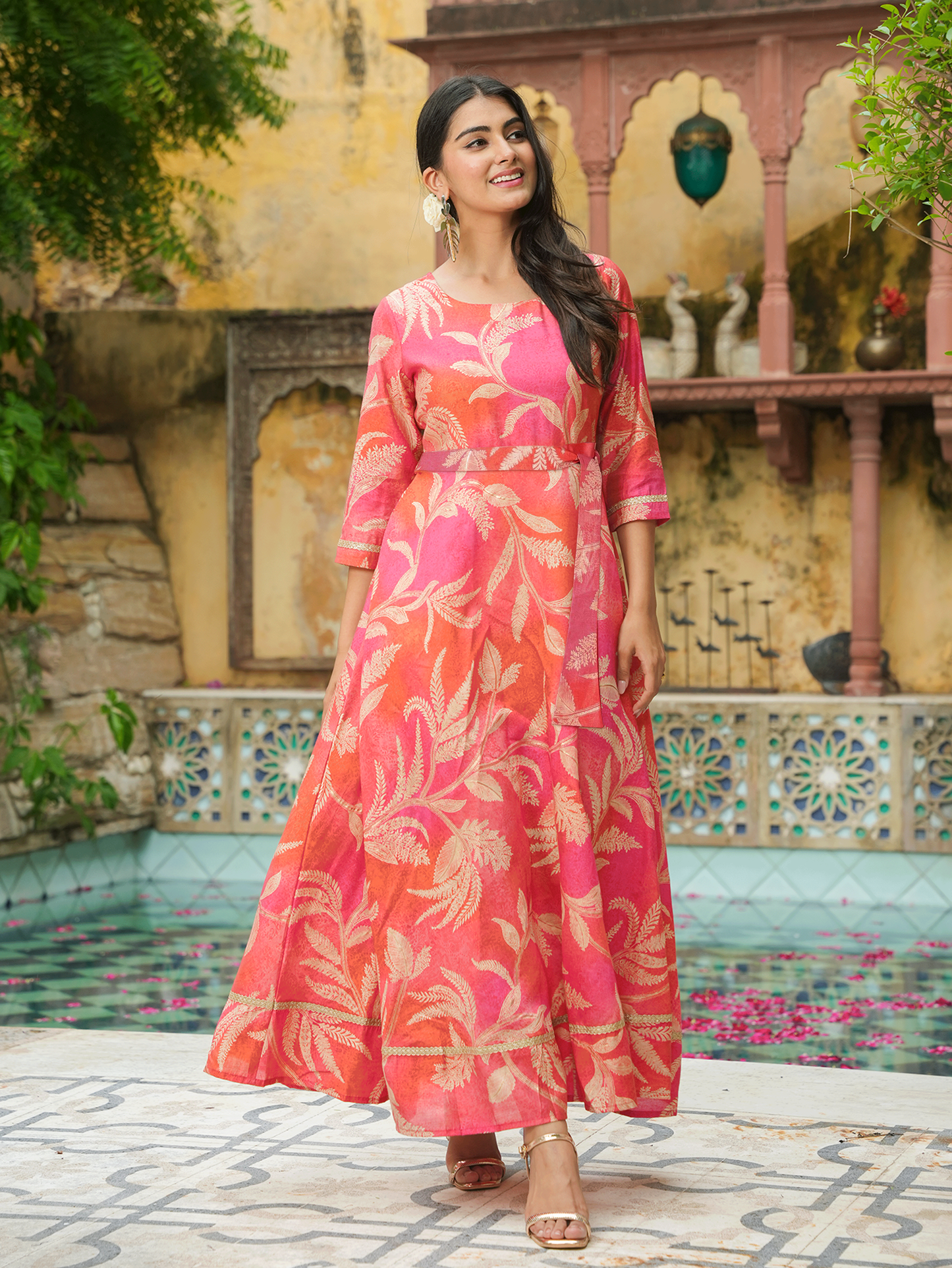 Muslin Floral Anarkali Orange Dress (With Belt)