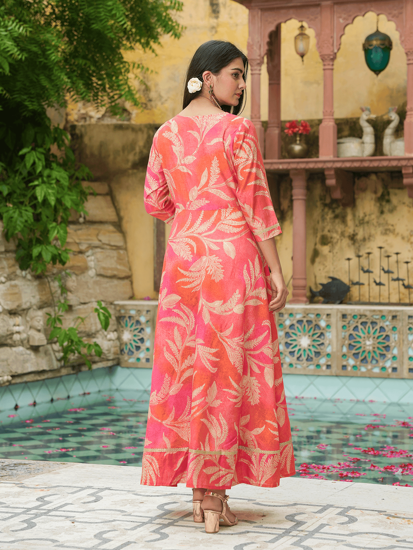 Muslin Floral Anarkali Orange Dress (With Belt)