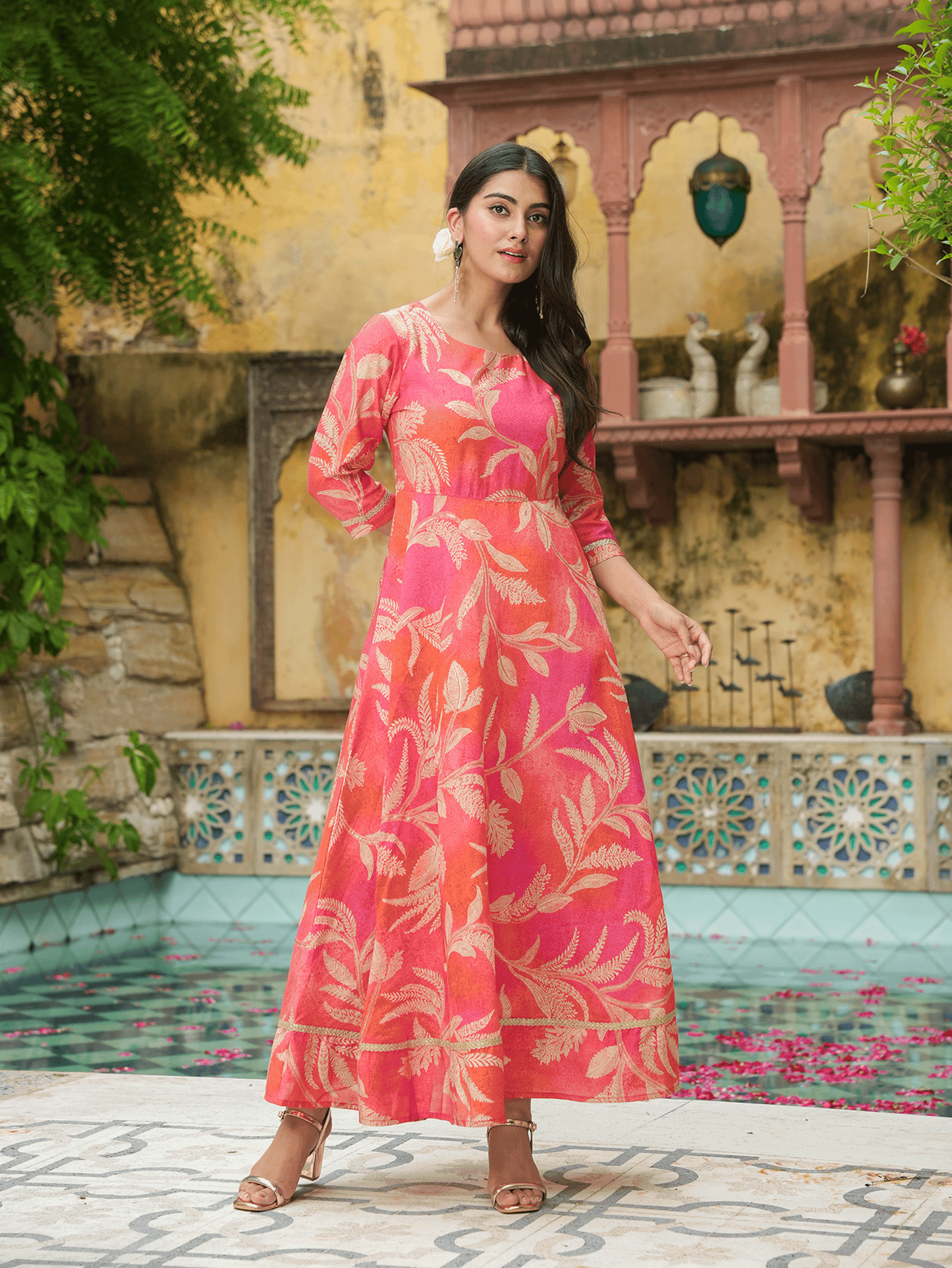 Muslin Floral Anarkali Orange Dress (With Belt)