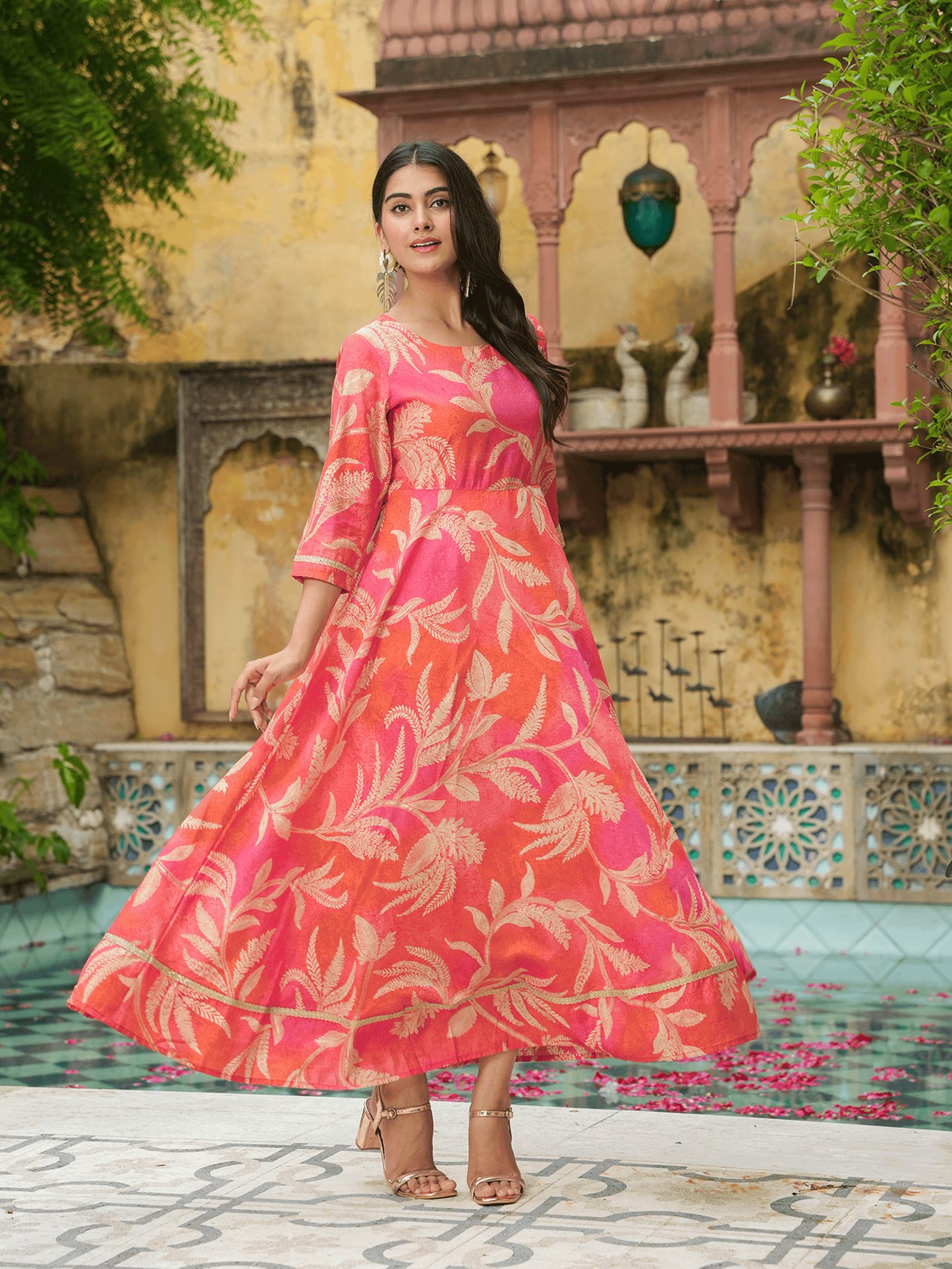 Muslin Floral Anarkali Orange Dress (With Belt)