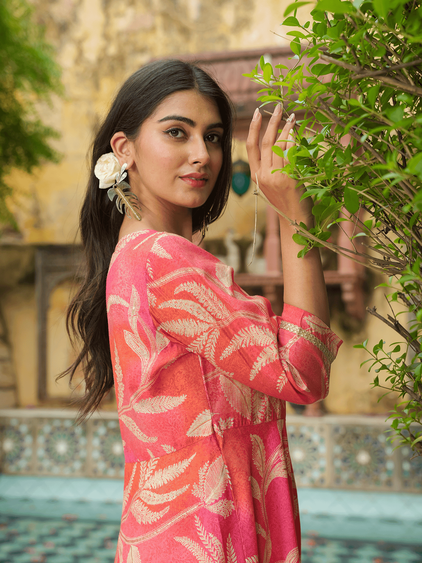 Muslin Floral Anarkali Orange Dress (With Belt)