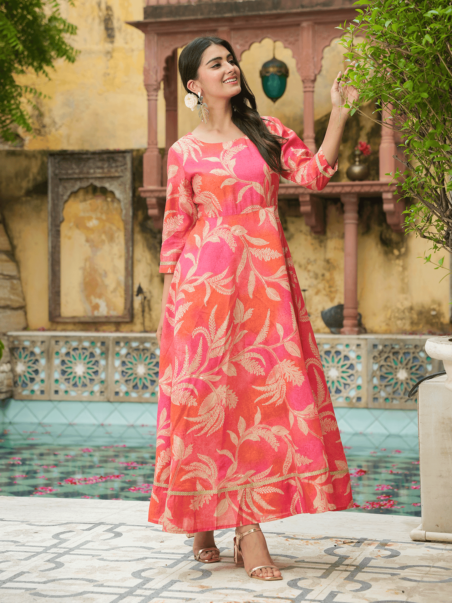 Muslin Floral Anarkali Orange Dress (With Belt)