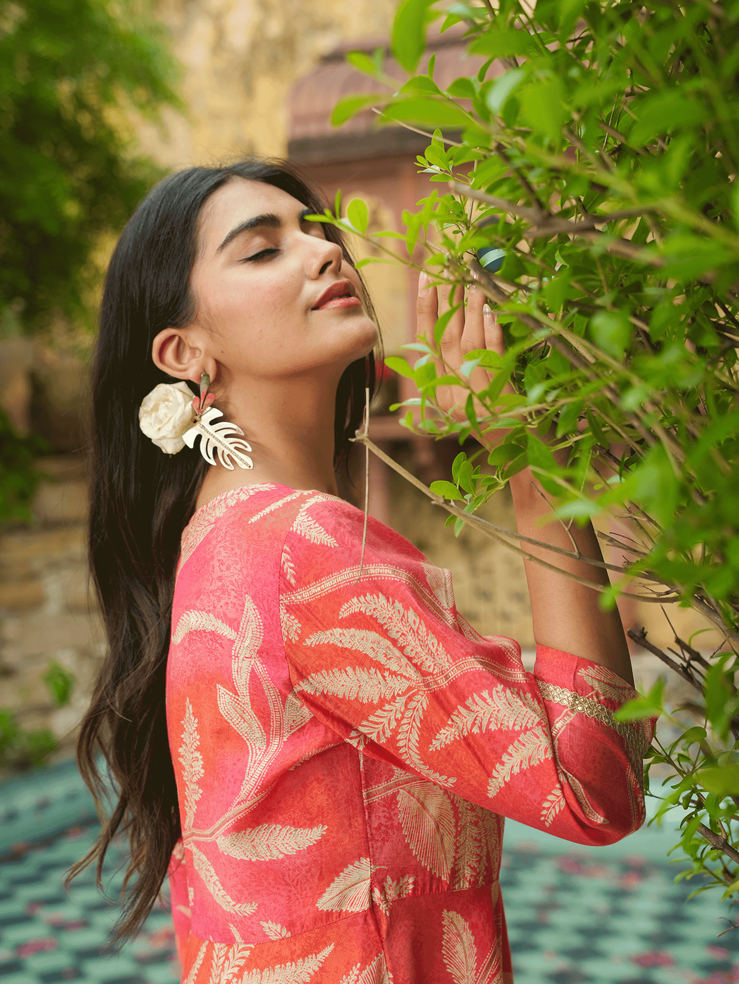 Muslin Floral Anarkali Orange Dress (With Belt)