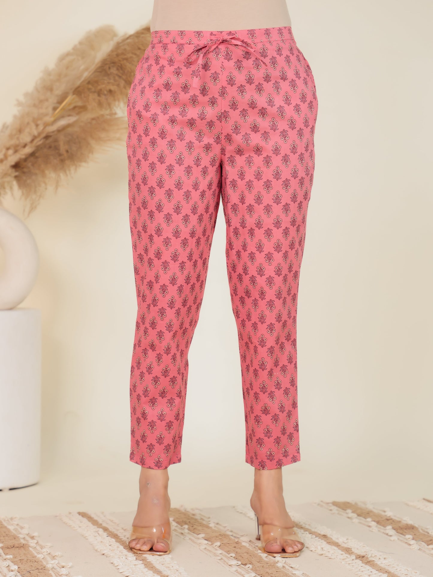 Soft Cotton Floral Pink Tapered Trousers