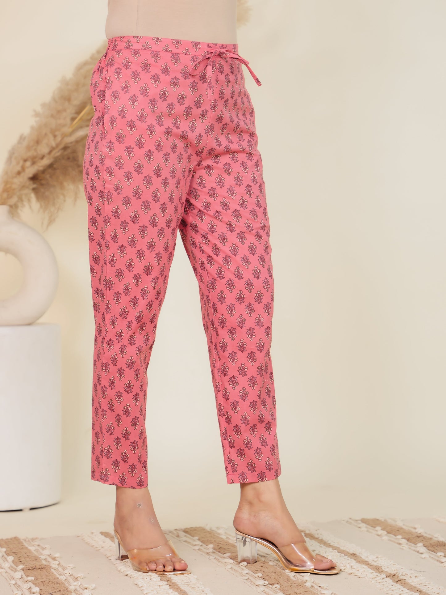 Soft Cotton Floral Pink Tapered Trousers