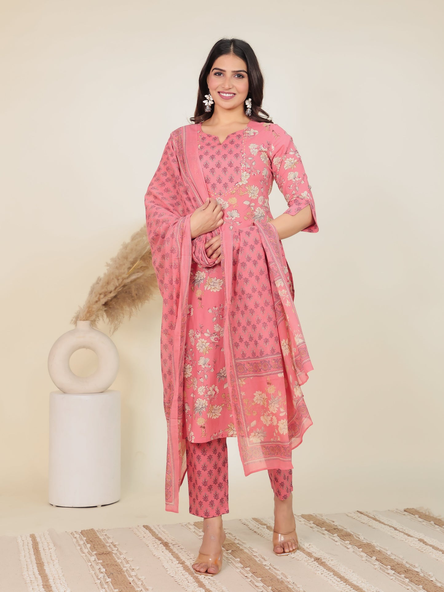 Soft Cotton Floral Straight Pink Kurta