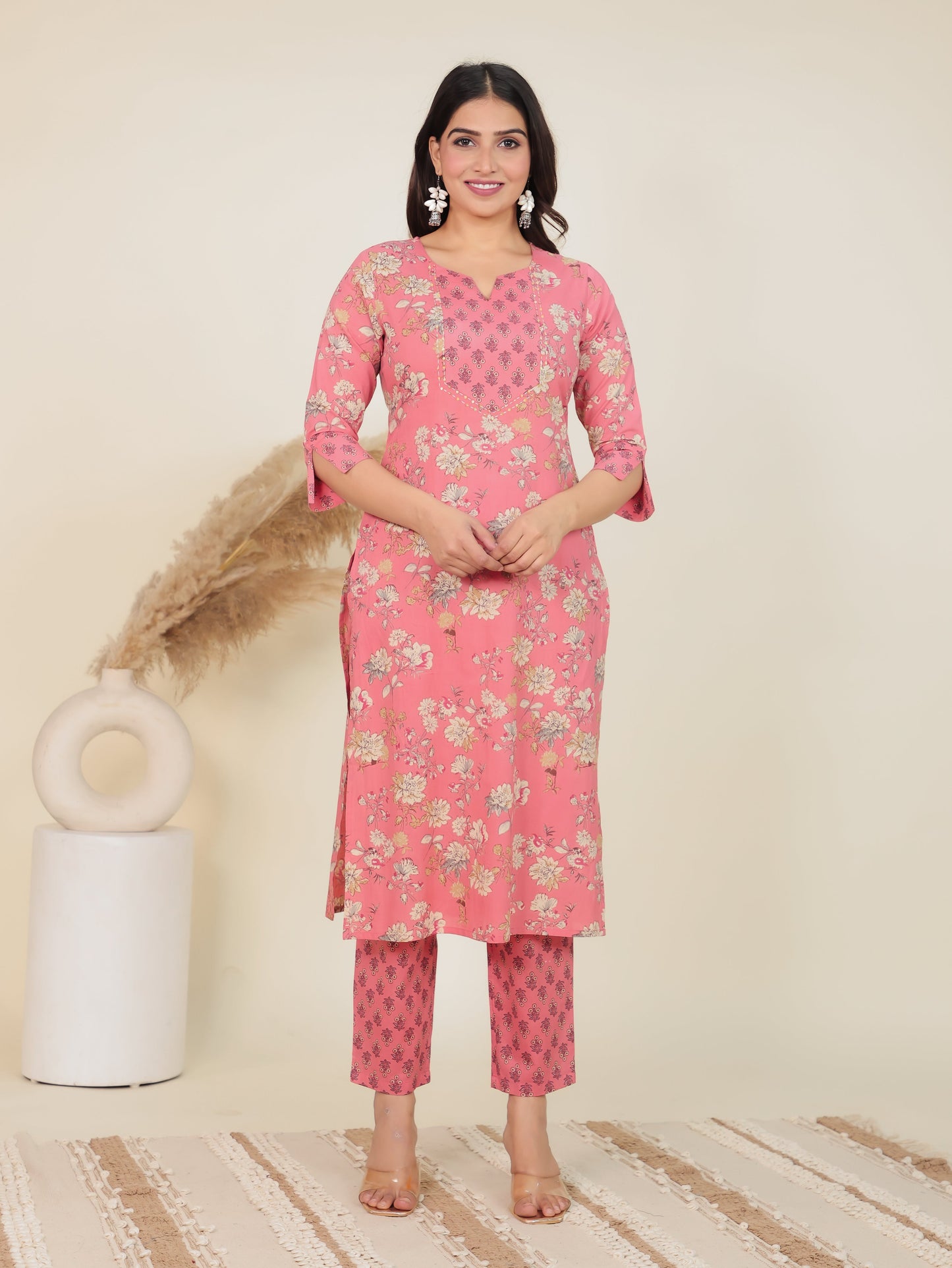 Soft Cotton Floral Straight Pink Kurta