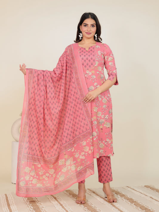 Soft Cotton Floral Straight Pink Kurta