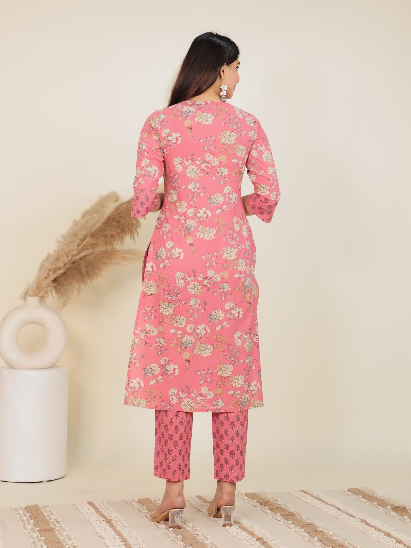 Soft Cotton Floral Straight Pink Kurta