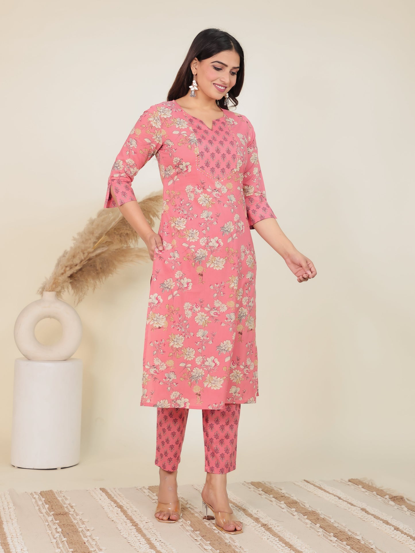 Soft Cotton Floral Straight Pink Kurta