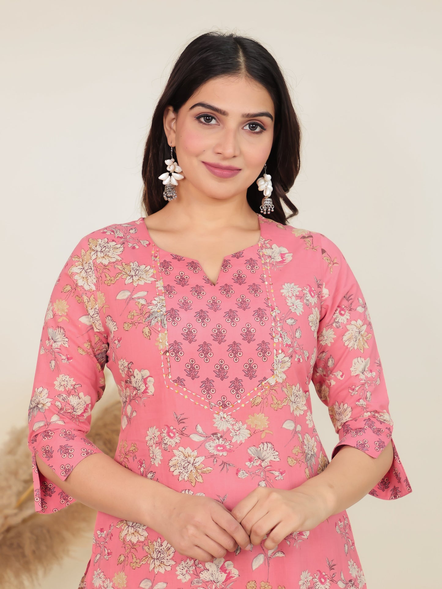 Soft Cotton Floral Straight Pink Kurta