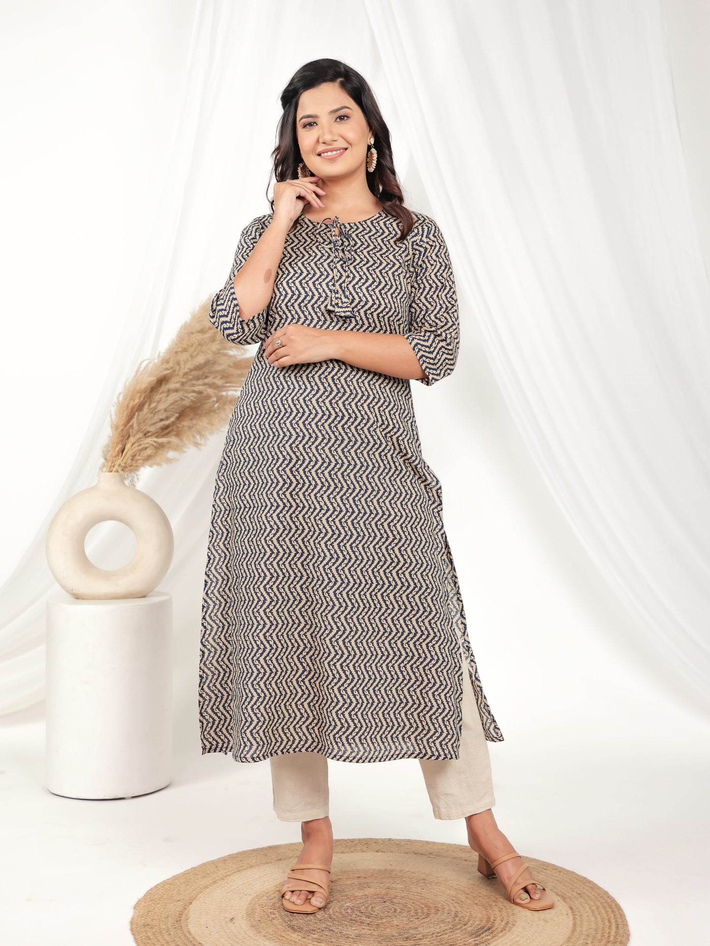 Soft Cotton Chevron A-line Cream Kurta