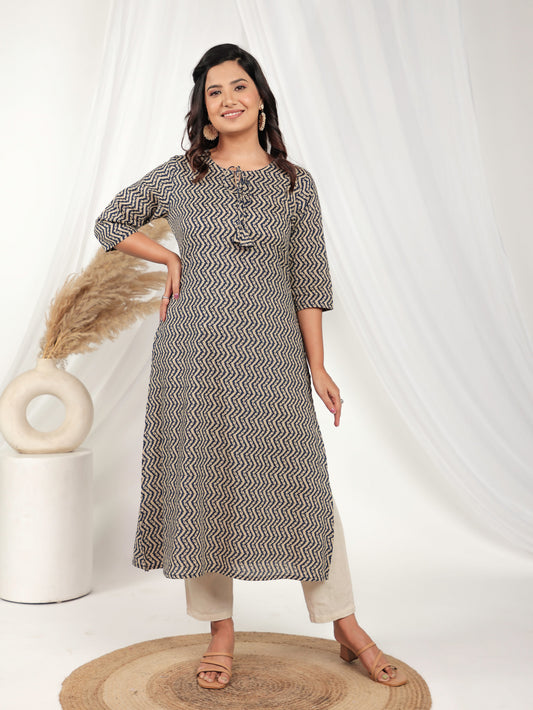 Soft Cotton Chevron A-line Cream Kurta