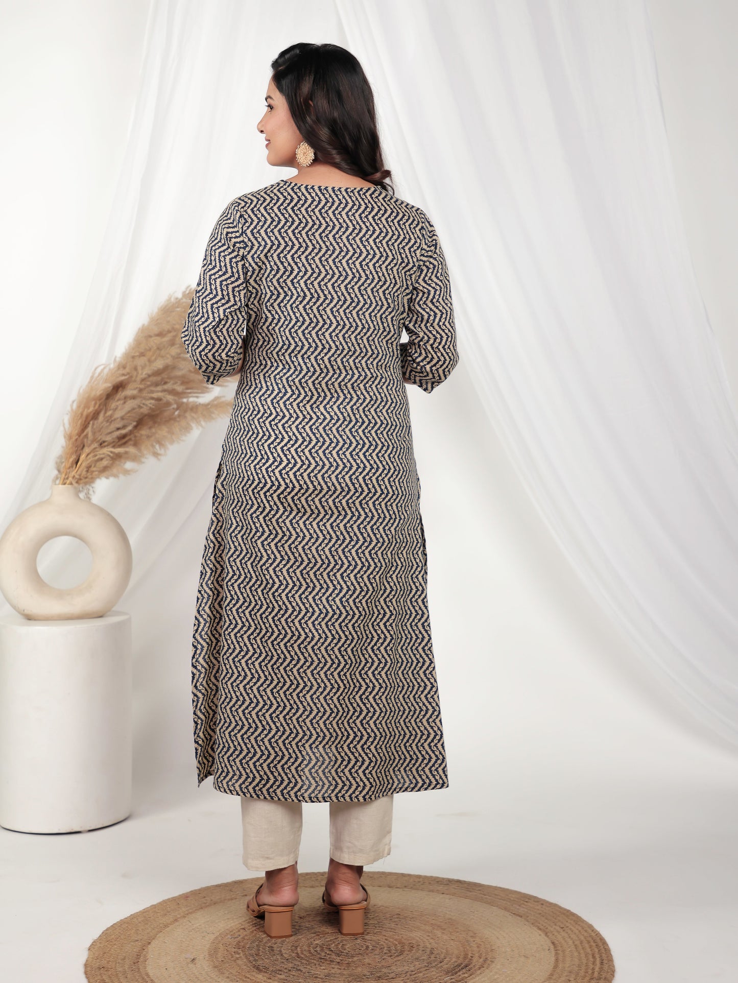 Soft Cotton Chevron A-line Cream Kurta