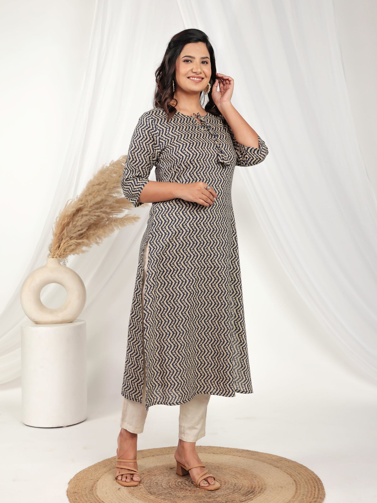 Soft Cotton Chevron A-line Cream Kurta