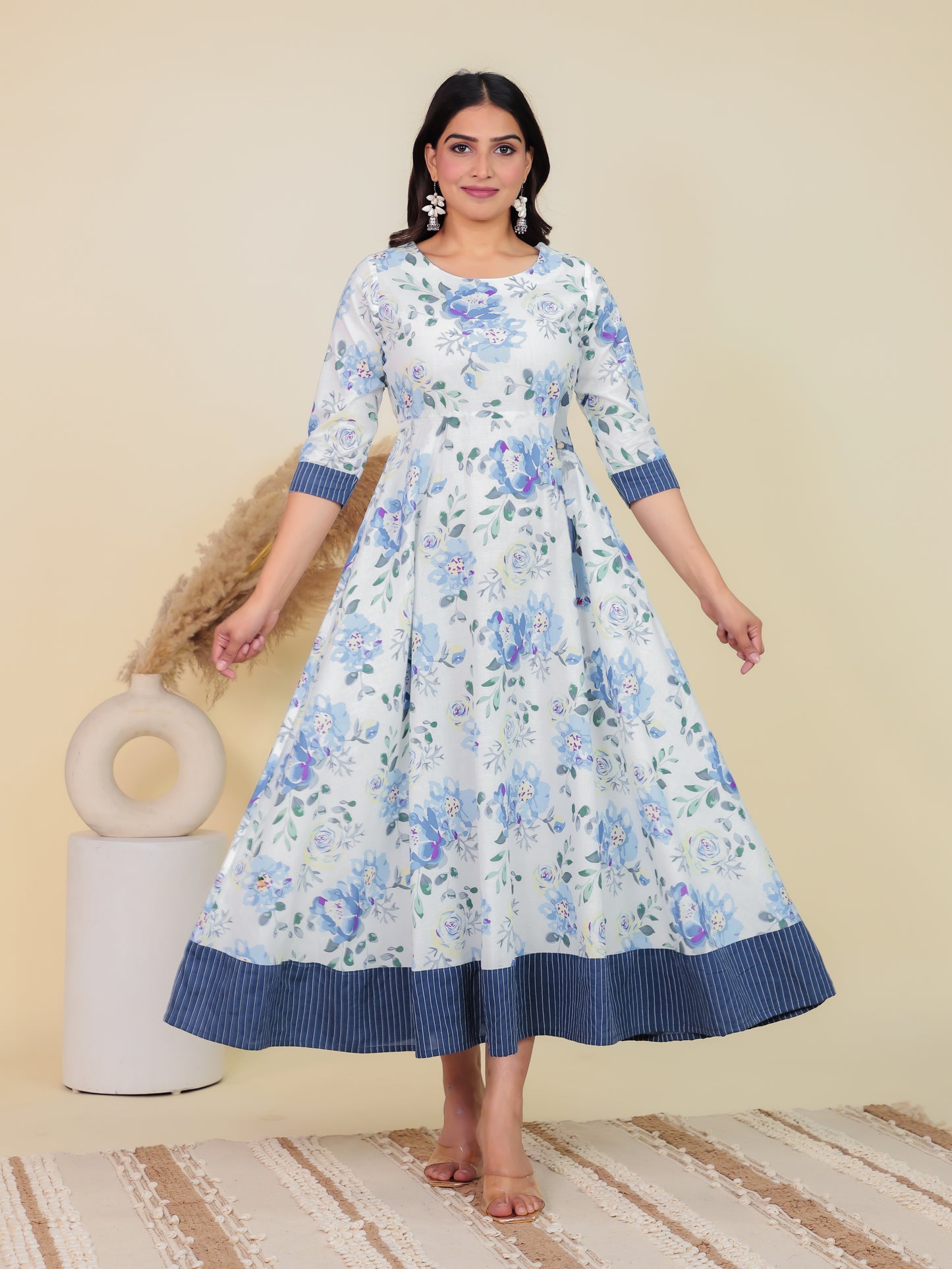 Soft Cotton Floral Anarkali White Dress