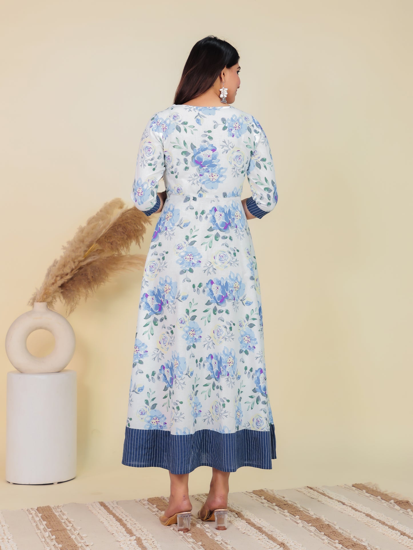 Soft Cotton Floral Anarkali White Dress