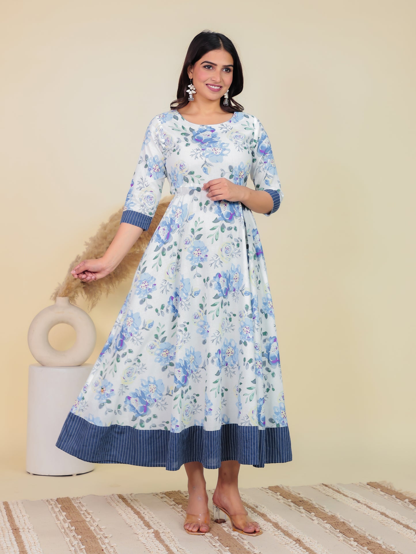 Soft Cotton Floral Anarkali White Dress