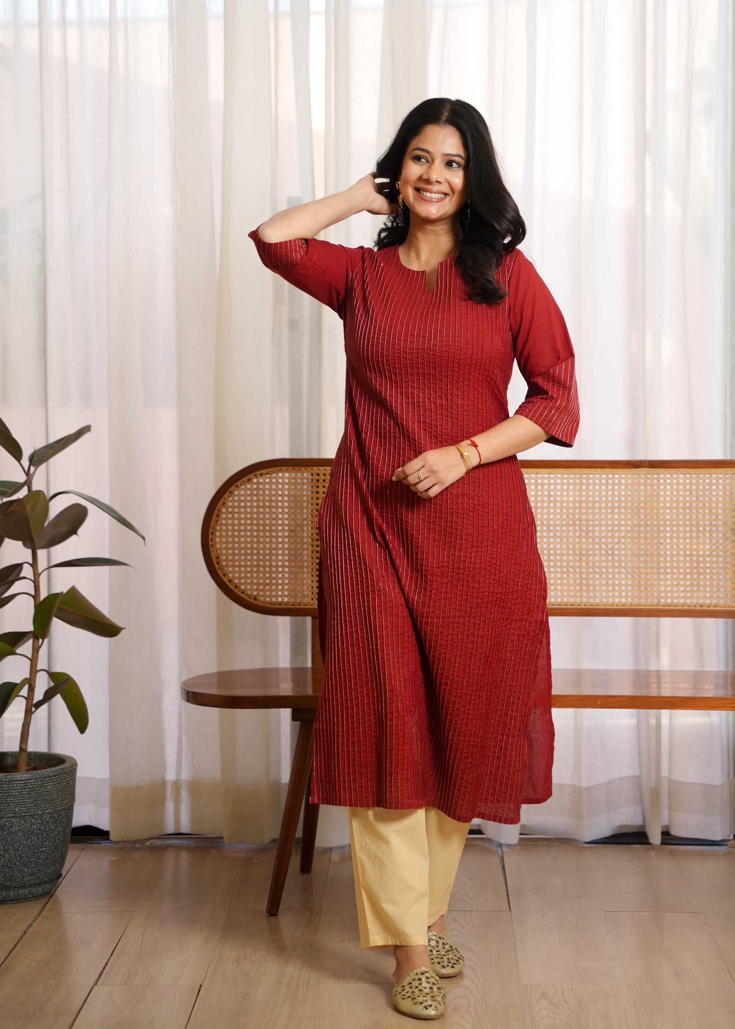 Natural Cotton Solid Straight Maroon Kurta