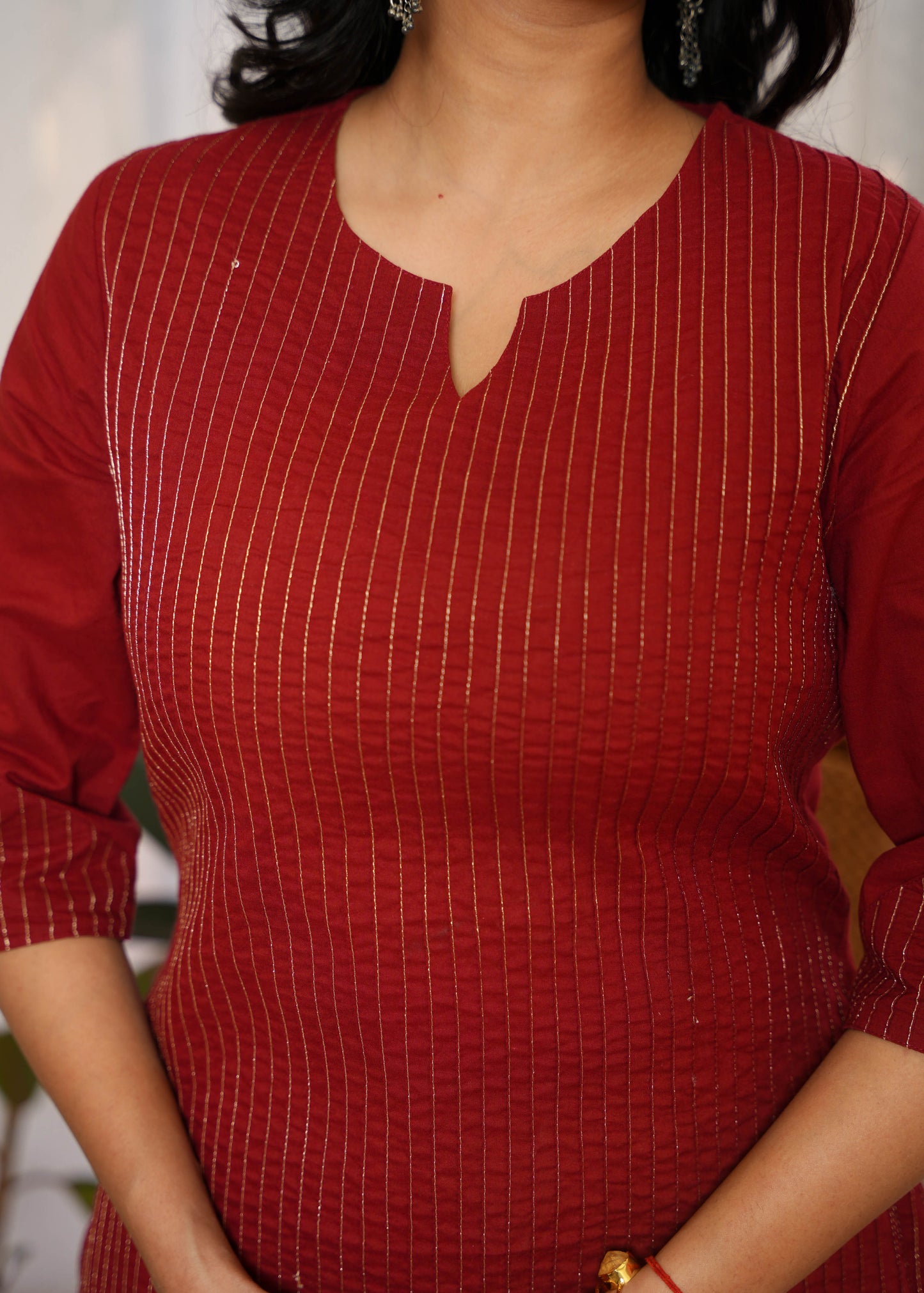 Natural Cotton Solid Straight Maroon Kurta