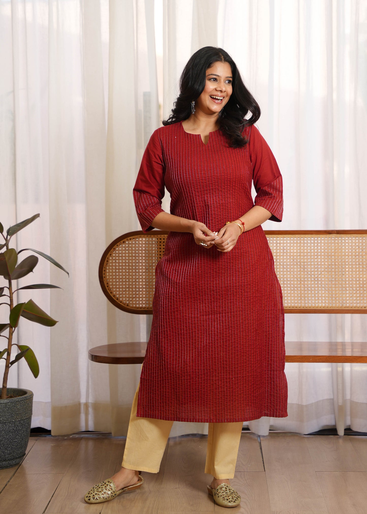 Natural Cotton Solid Straight Maroon Kurta