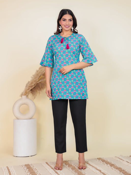 Soft Cotton Floral Straight Blue Kurti