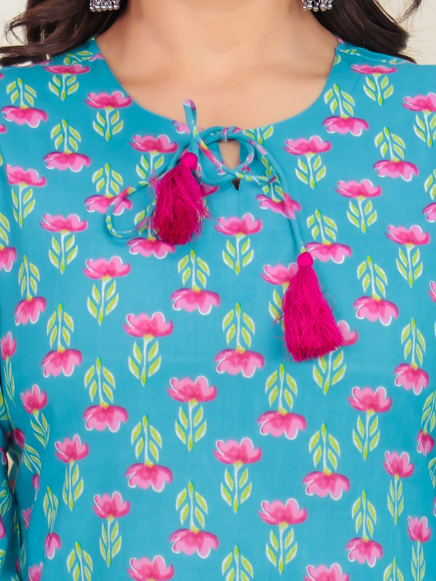 Soft Cotton Floral Straight Blue Kurti