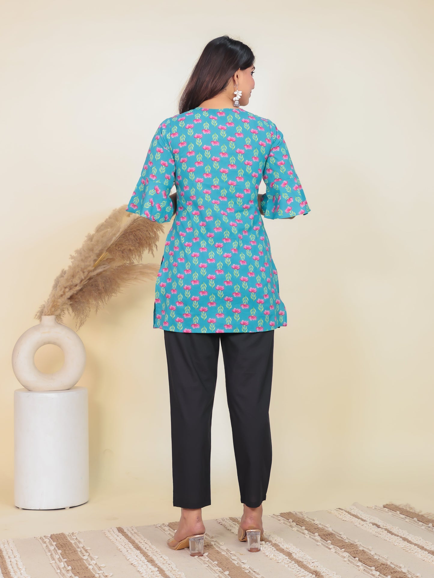 Soft Cotton Floral Straight Blue Kurti