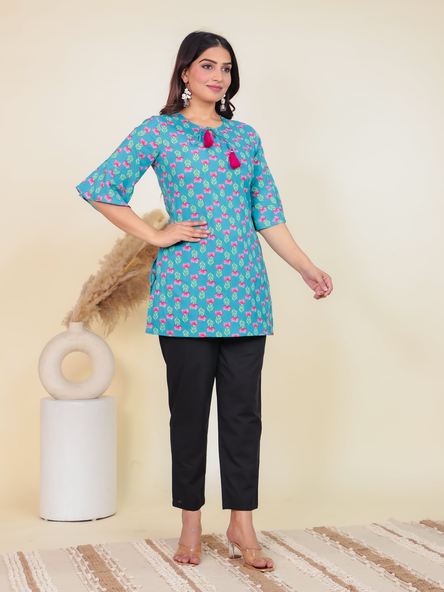 Soft Cotton Floral Straight Blue Kurti