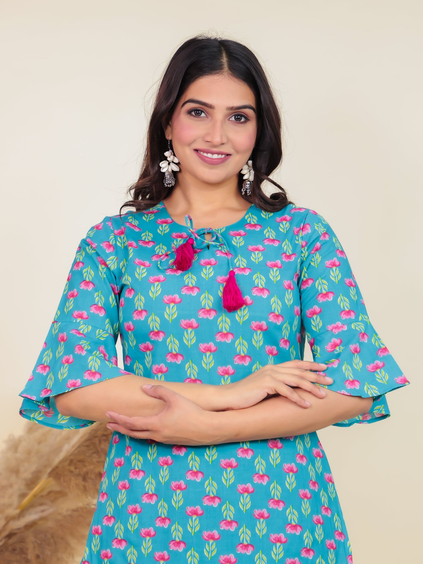 Soft Cotton Floral Straight Blue Kurti