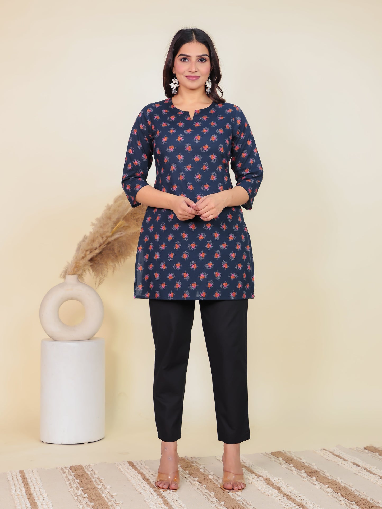 Soft Cotton Floral Straight Blue Kurti