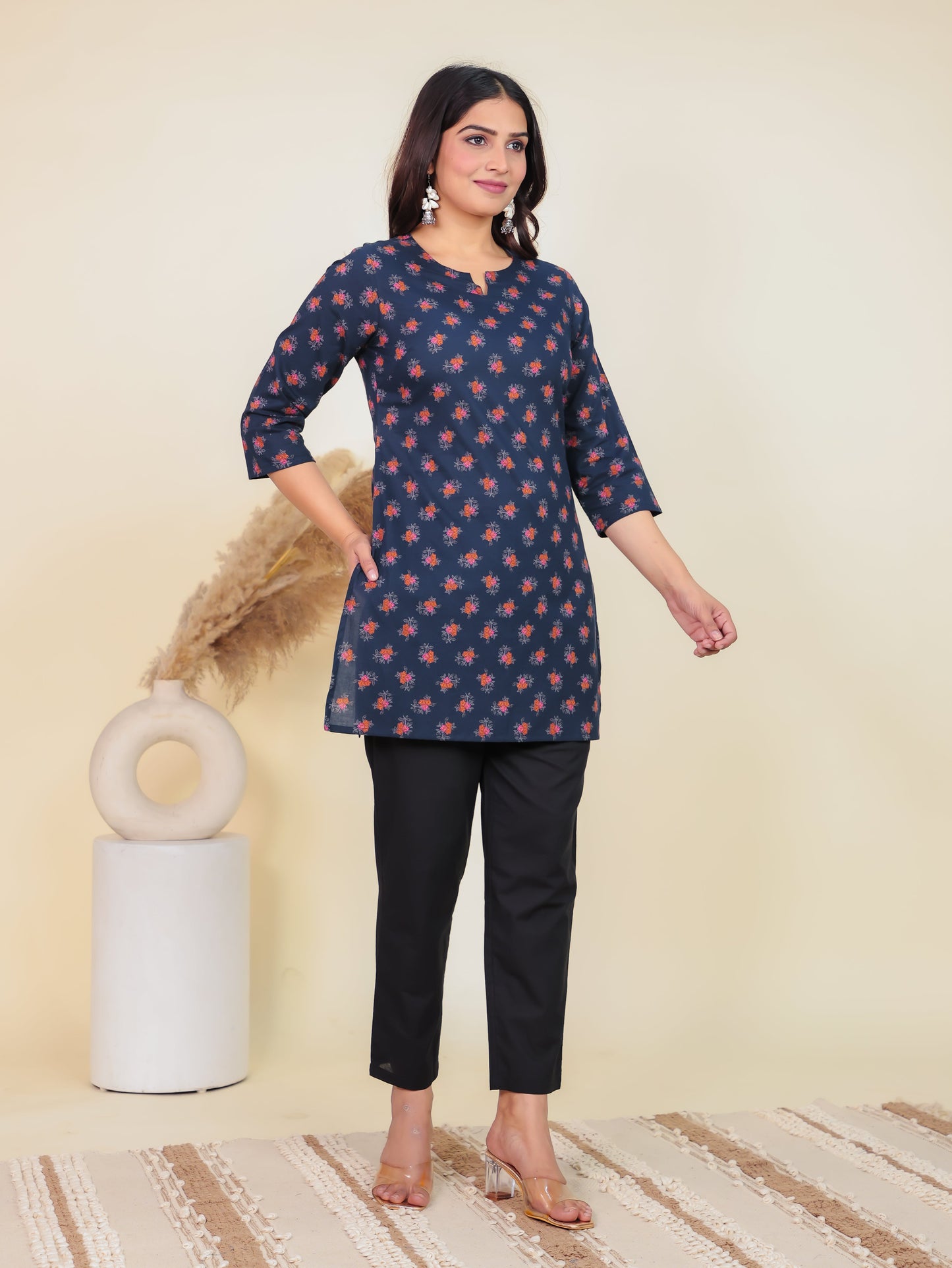 Soft Cotton Floral Straight Blue Kurti
