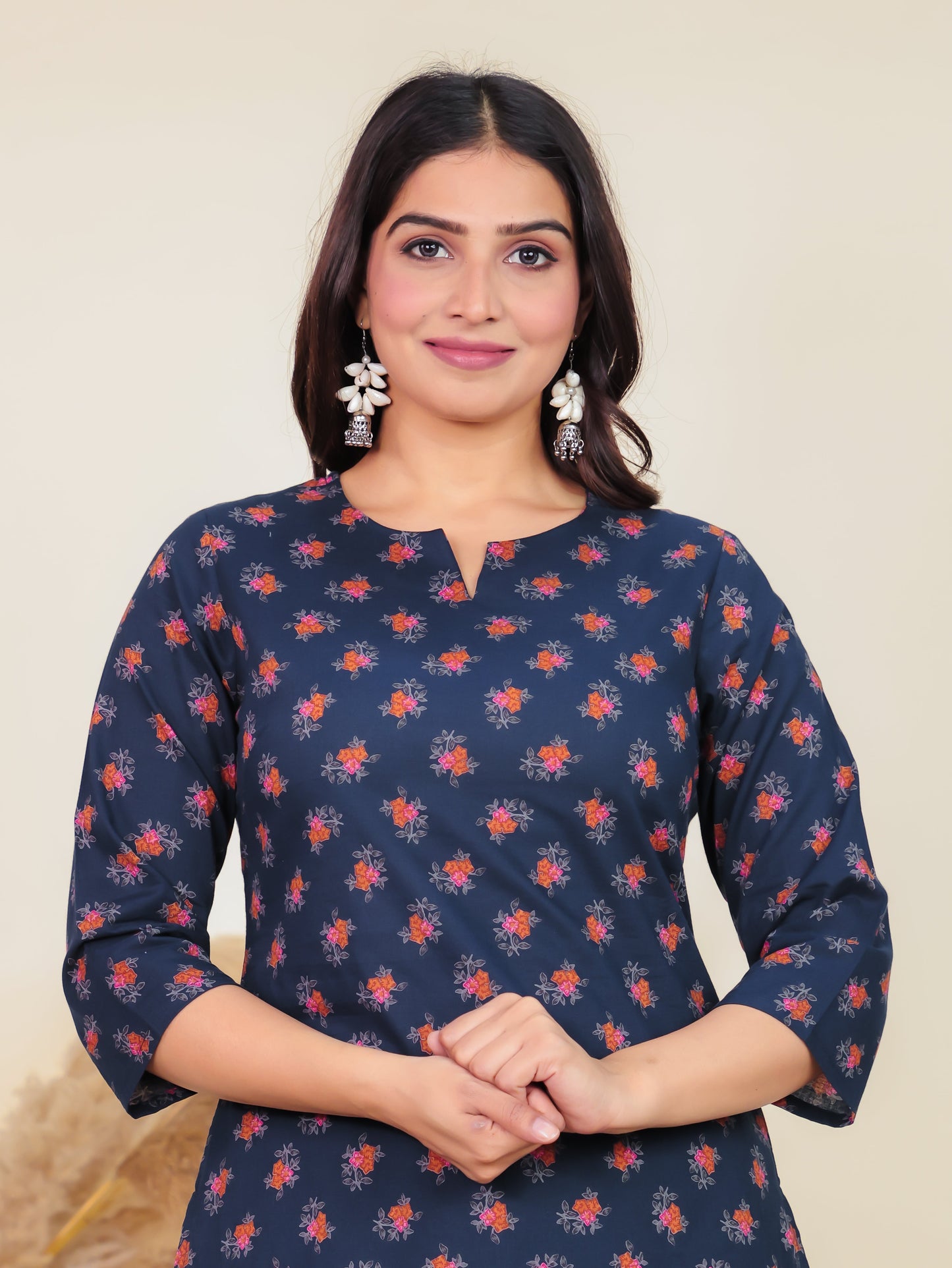 Soft Cotton Floral Straight Blue Kurti