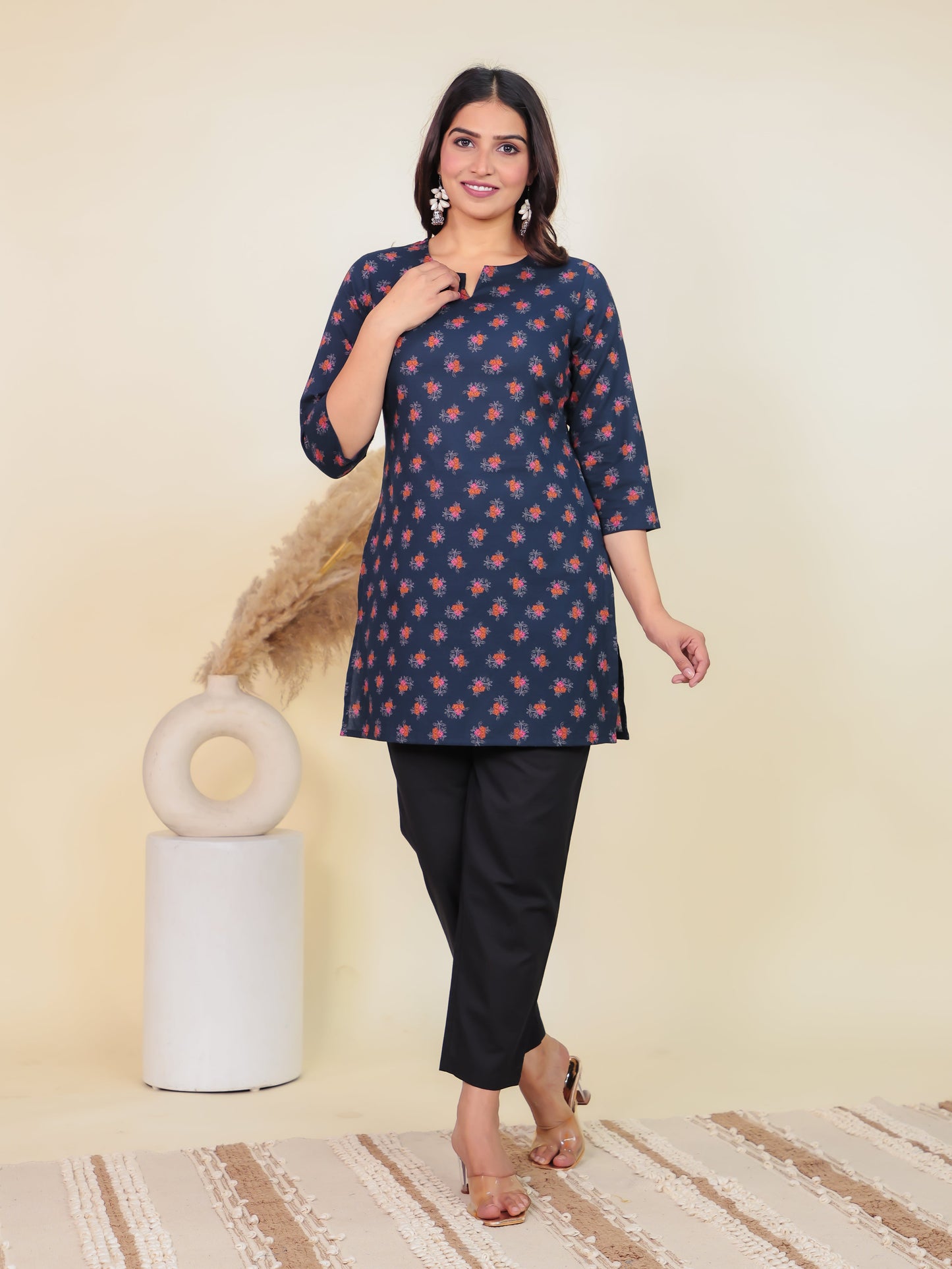 Soft Cotton Floral Straight Blue Kurti