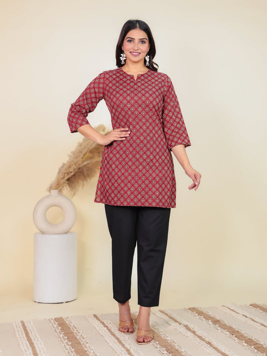 Soft Cotton Bandhani Straight Maroon Kurti