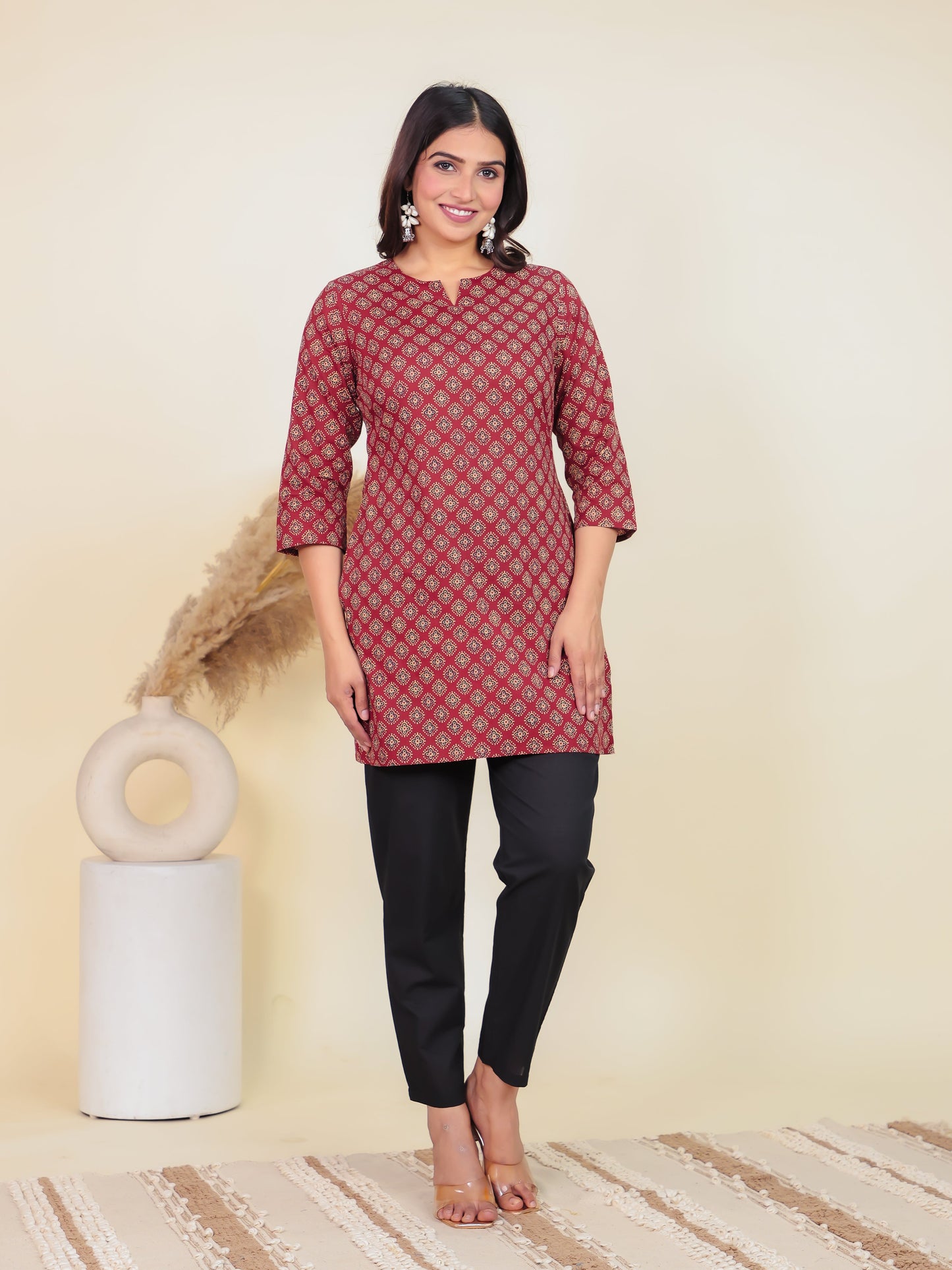 Soft Cotton Bandhani Straight Maroon Kurti