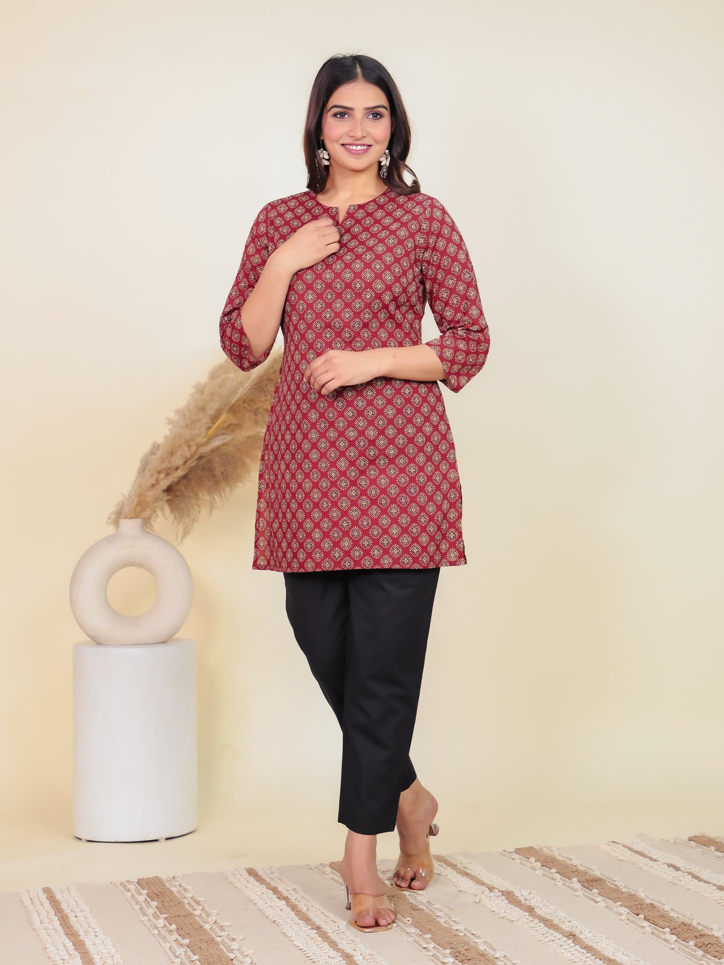 Soft Cotton Bandhani Straight Maroon Kurti