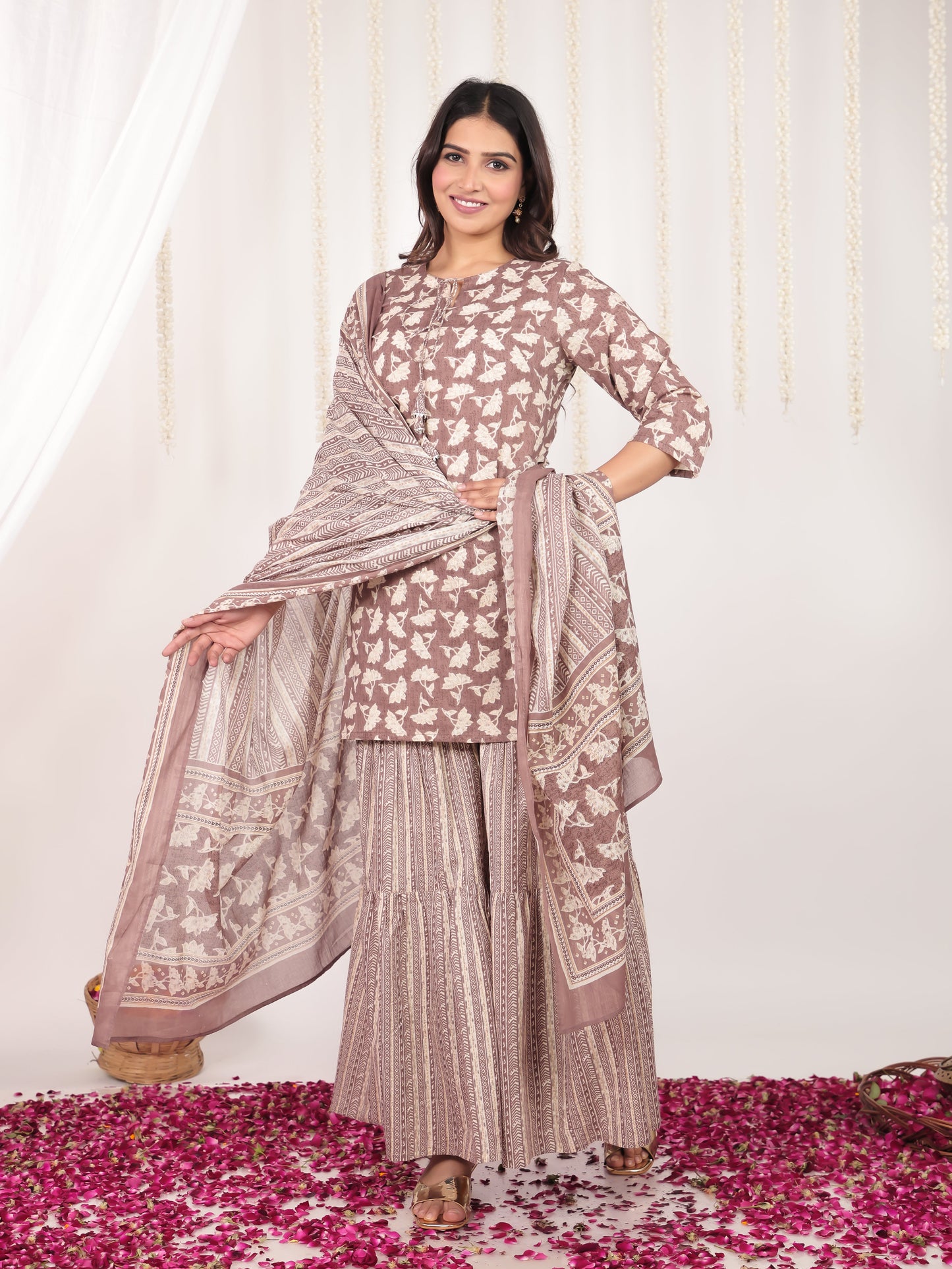 Soft Cotton Floral Straight Brown Kurti