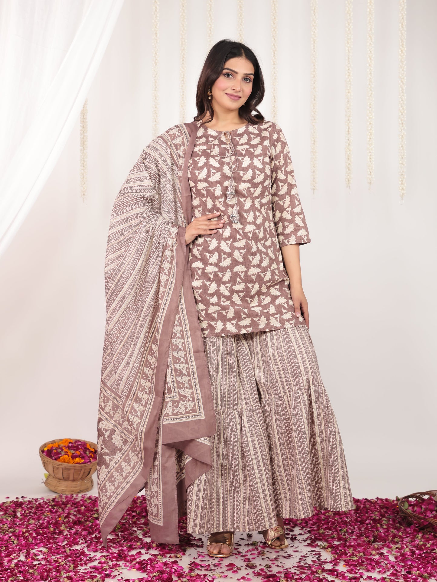 Soft Cotton Floral Straight Brown Kurti