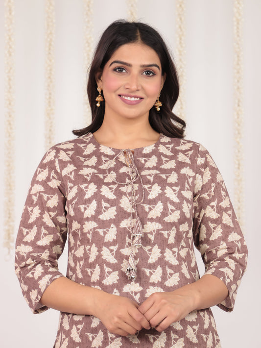 Soft Cotton Floral Straight Brown Kurti