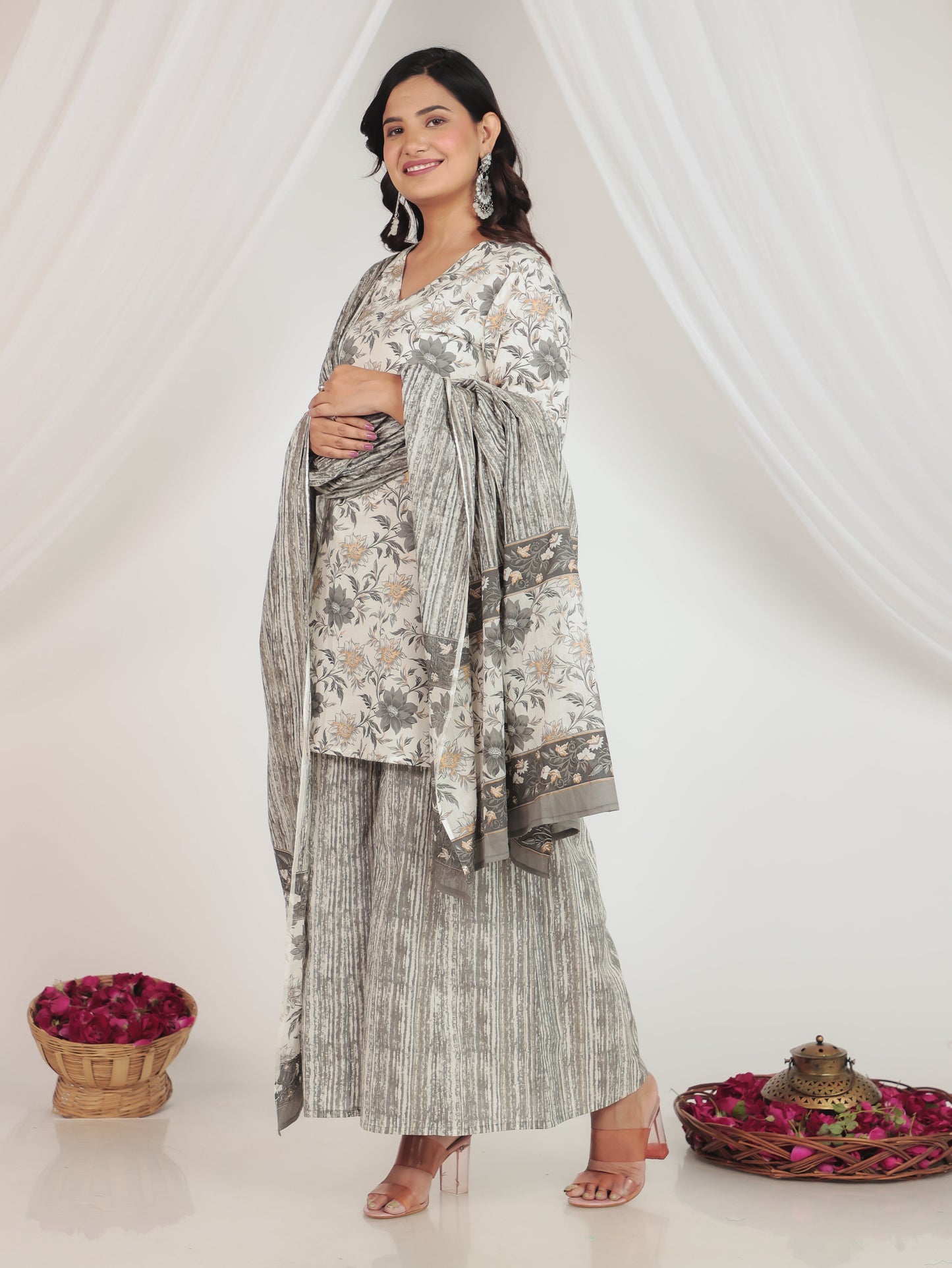 Soft Cotton Gold foil Straight White Kurta