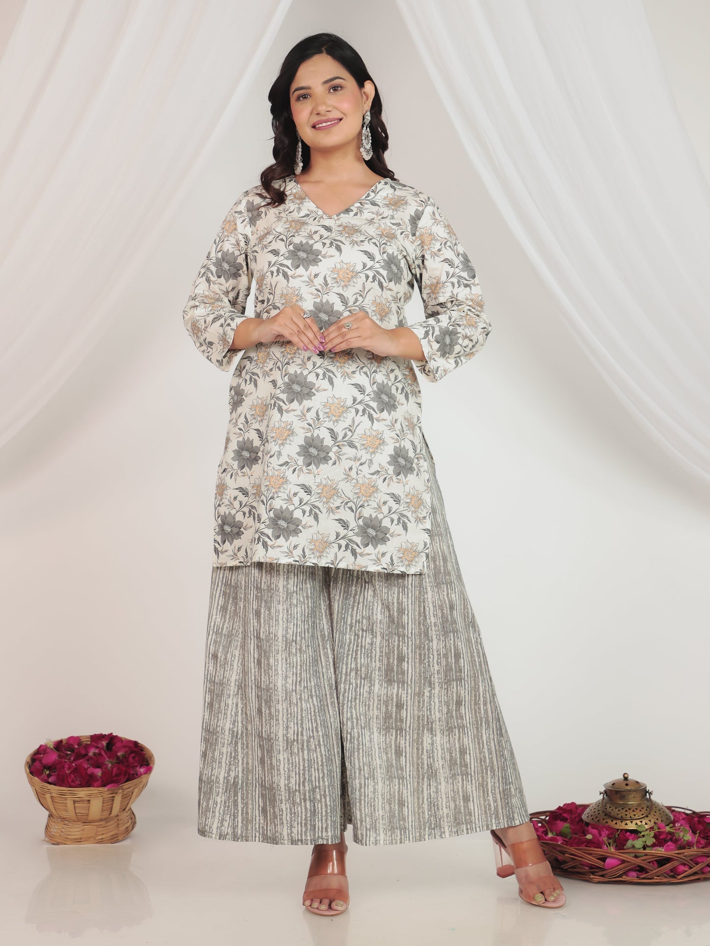 Soft Cotton Gold foil Straight White Kurta