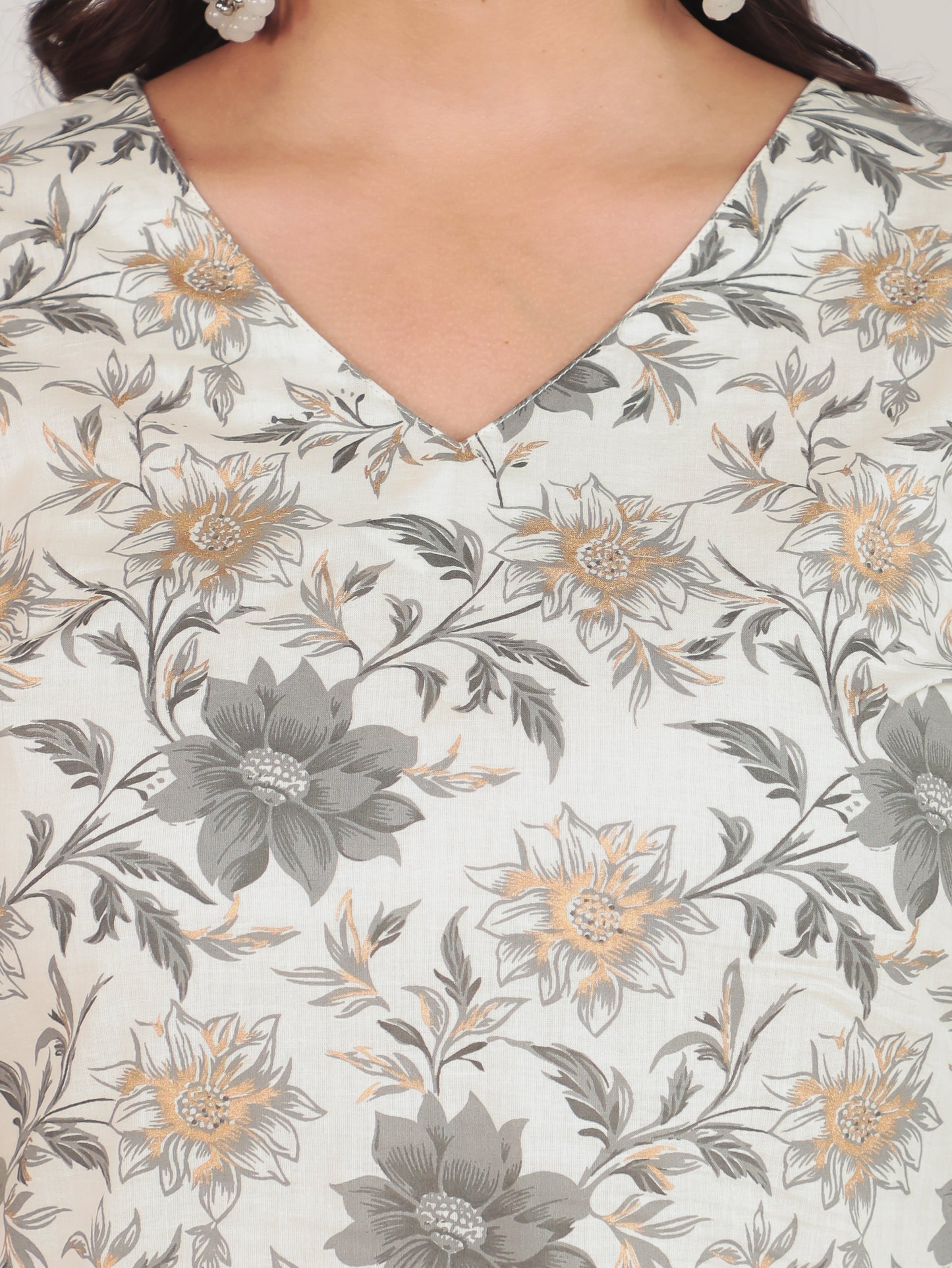 Soft Cotton Gold foil Straight White Kurta