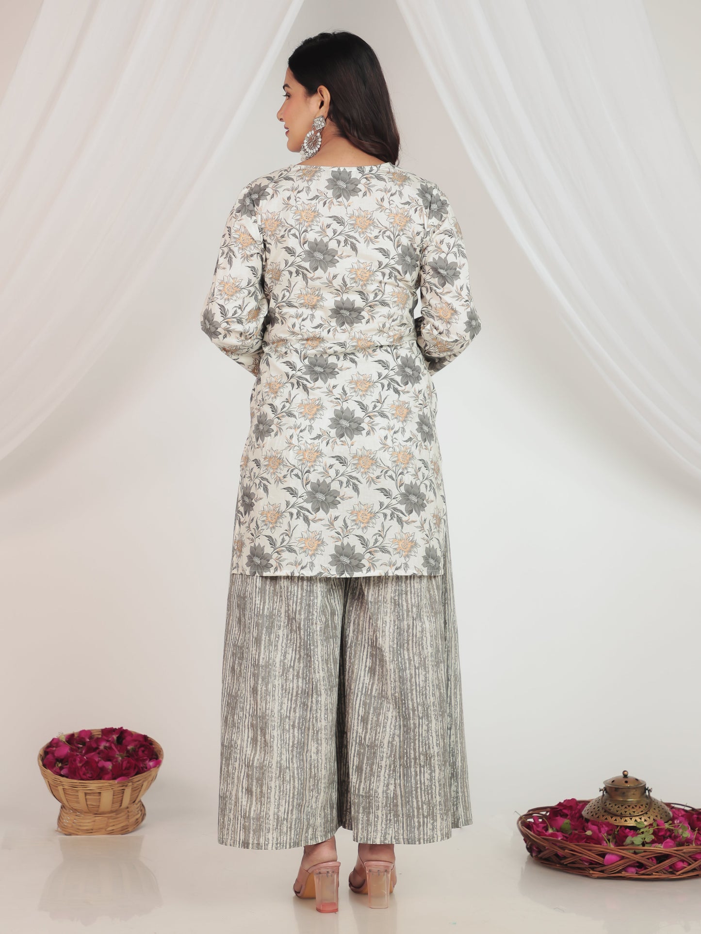 Soft Cotton Gold foil Straight White Kurta