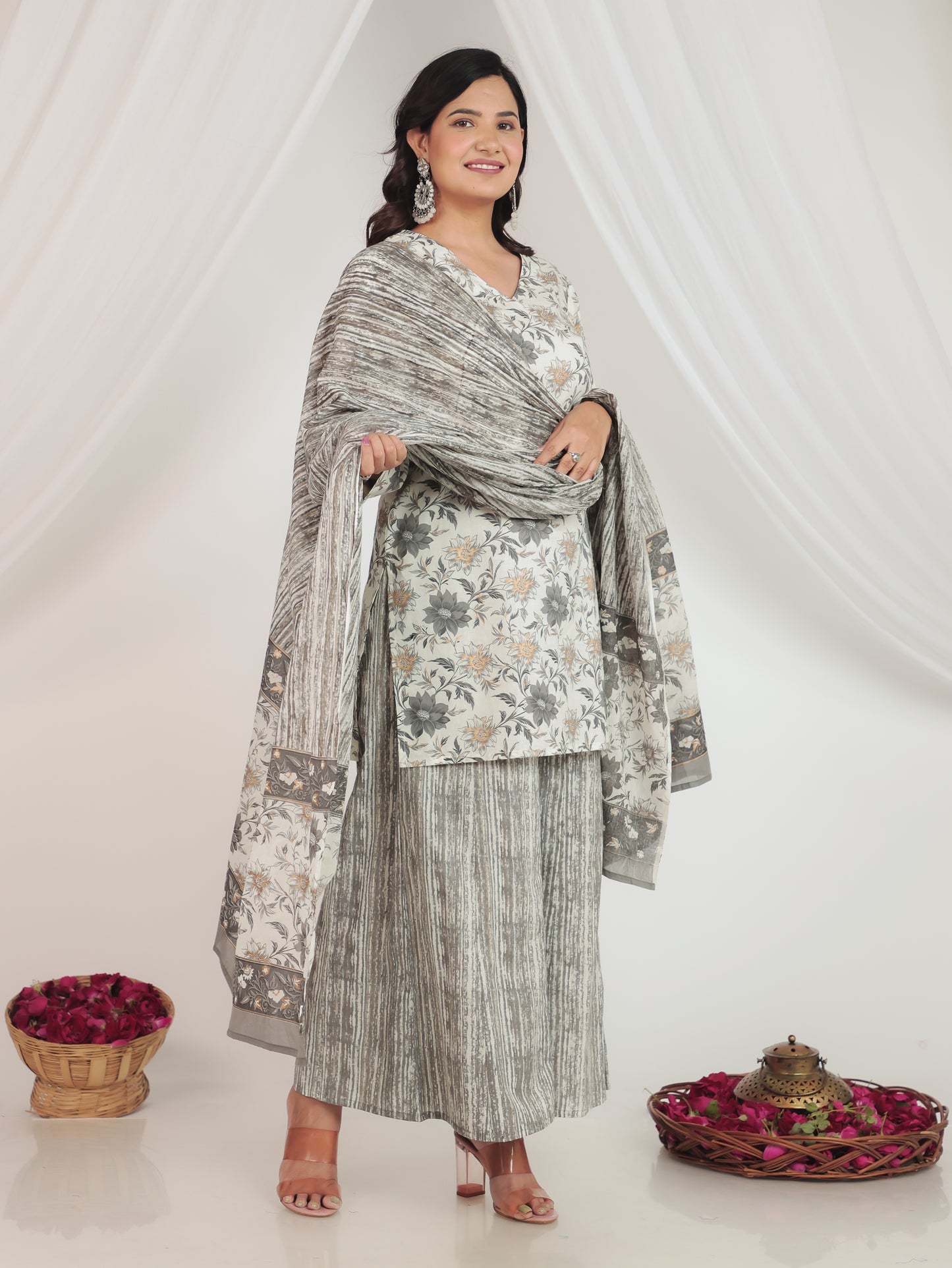 Soft Cotton Gold foil Straight White Kurta